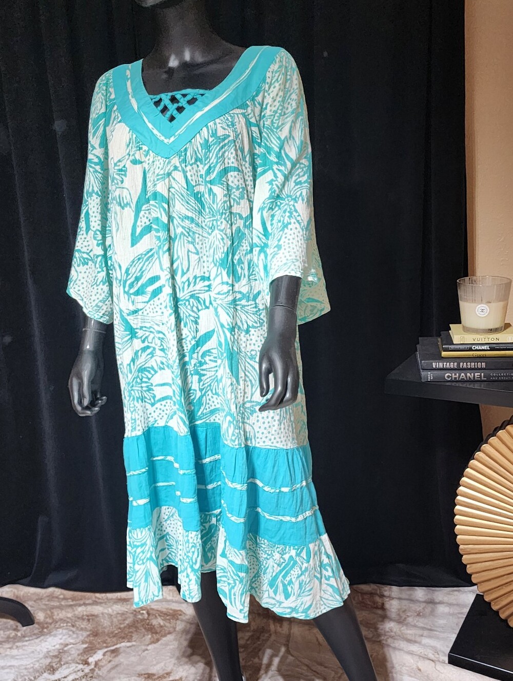 NATIONAL 80s Tropical Caftan Dress Turquoise Resort Boho Midi M/L - Picture 7 of 12